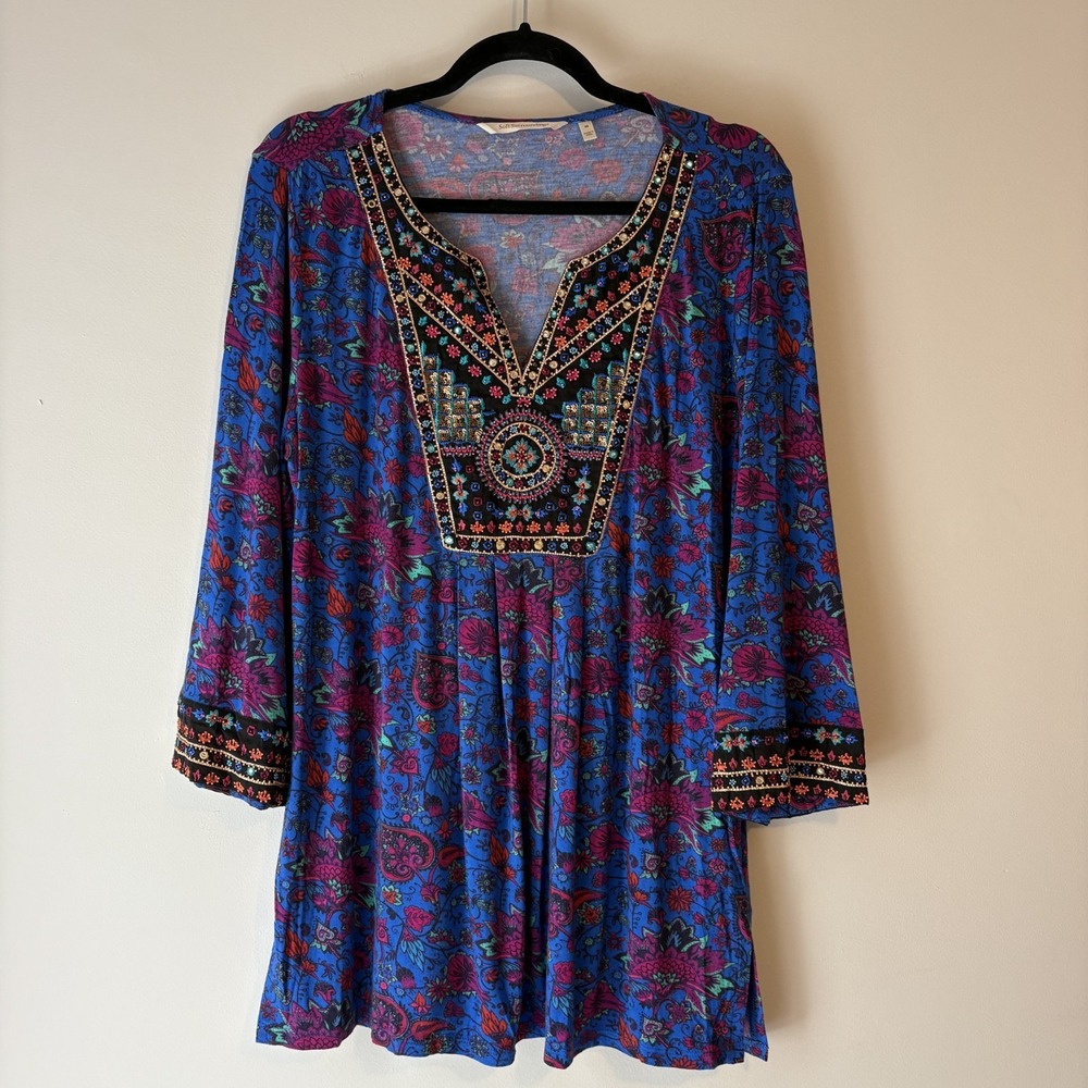 Soft Surroundings Beaded Floral Tunic Size M Boho Artsy Maximalist Stretch Knit